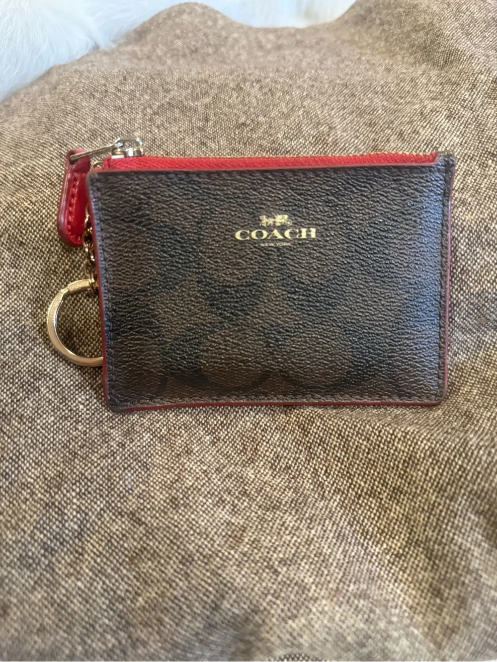 Coach Brown Signature Mini Zip Card Case with Red Trim - Picture 1 of 4